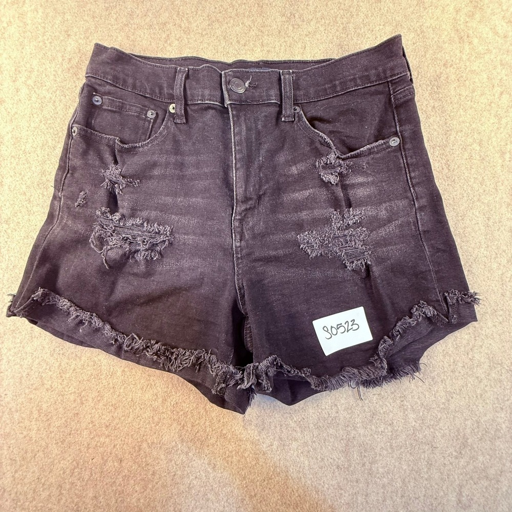 Aeropostale Mom Shorts Womens 8 Black Distressed Frayed‎ Hem High Waisted Denim